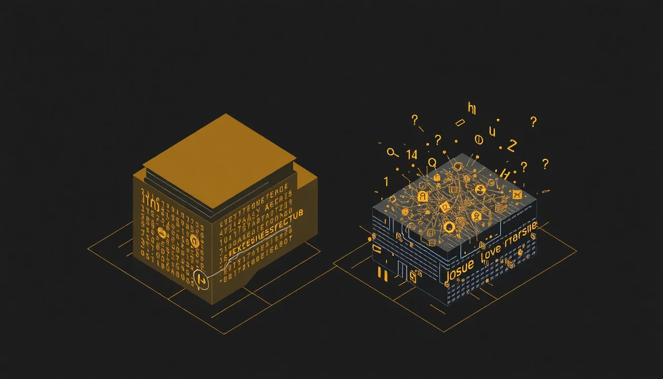 Blocs de code géométriques abstraits contrastant fragments parfaits générés par IA et éléments organiques humains